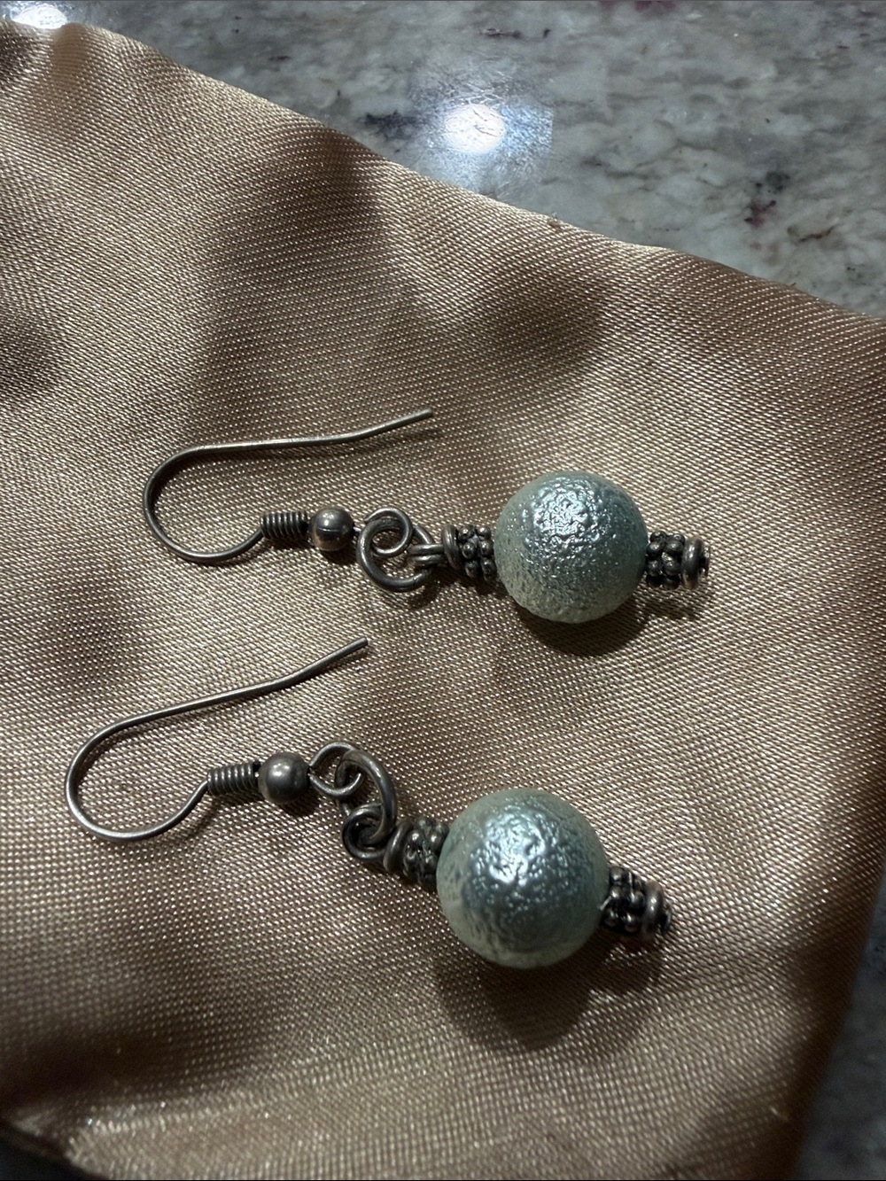Silver-Tone Earrings with Light Aqua Textured Beads